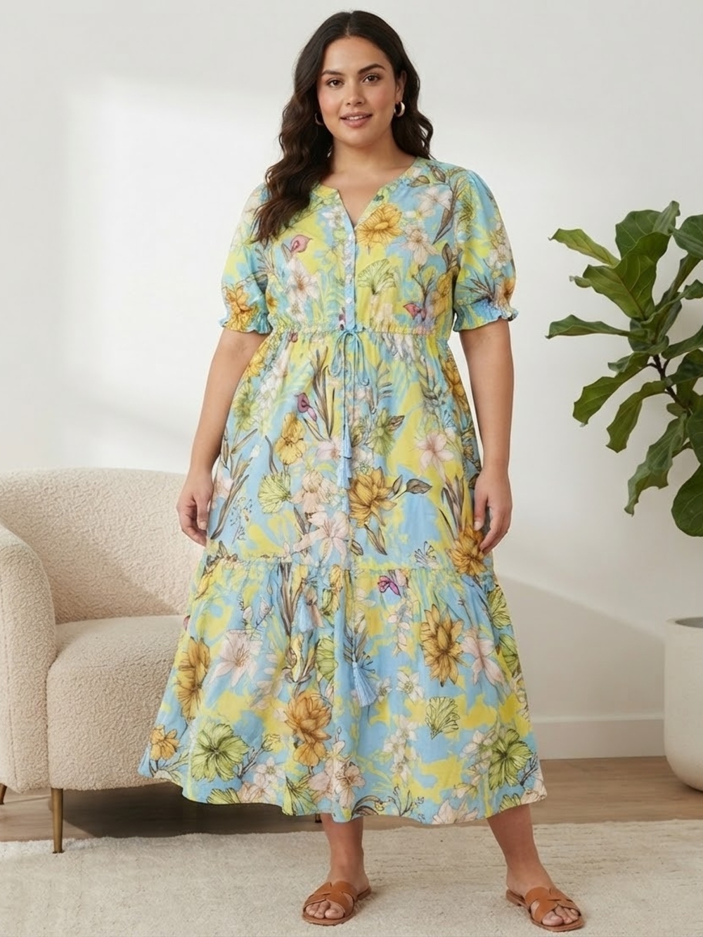 Gia Curves Floral Tie-Waist Midi Dress